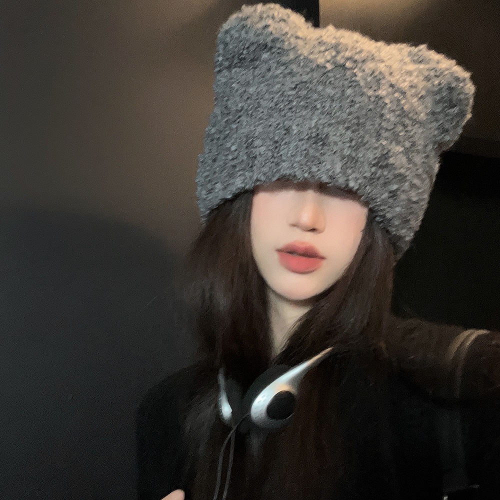 實拍~秋冬可愛小熊羊毛針織帽子女新款灰色保暖護耳毛線冷帽