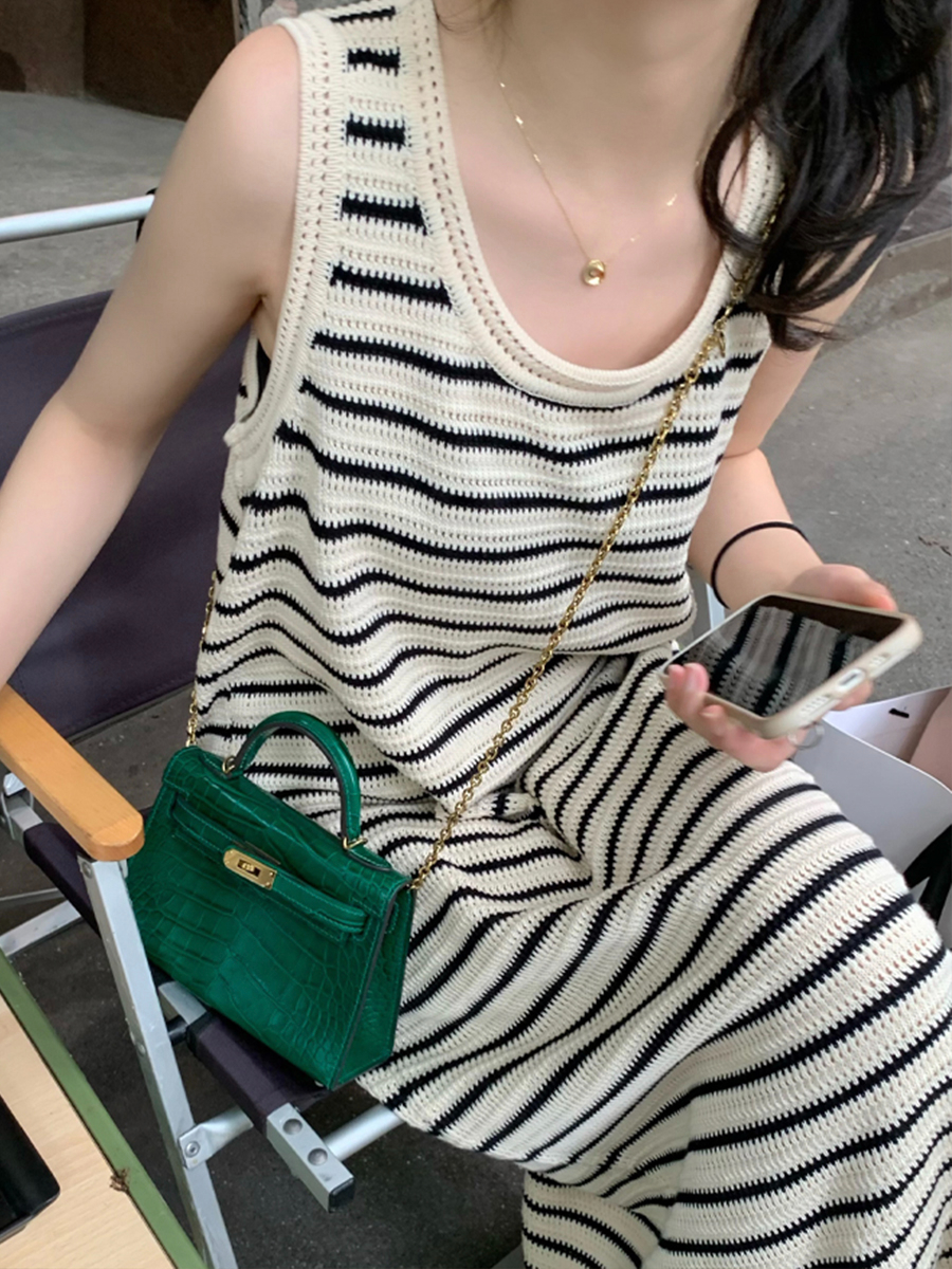 無袖條紋針織連衣裙女寬鬆長裙開叉圓領2023夏季新品顯瘦百搭背心