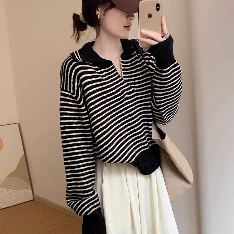 綿羊絨新款毛衣2023韓版女寬鬆顯瘦百搭條紋上衣長袖針織衫