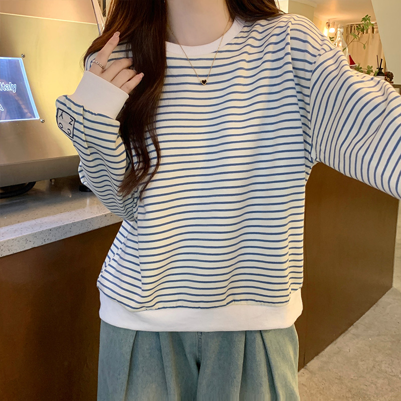 實拍美式條紋圓領長袖衛衣女秋冬季圓領套頭寬鬆顯瘦外套上衣