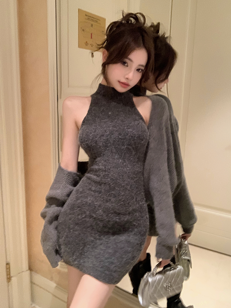 實拍 lala奶御小灰兔/秋季顯身材灰色開衫針織連衣裙套裝