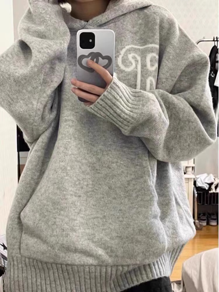 Large size hooded gray sweater sweater autumn 2023 new American high street loose lazy niche hoodie jacket