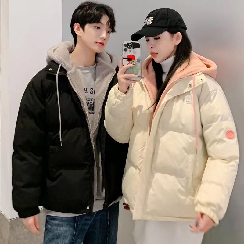 2023新款冬季假兩件羊羔毛棉服女設計感連帽情侶ins學生棉衣外套