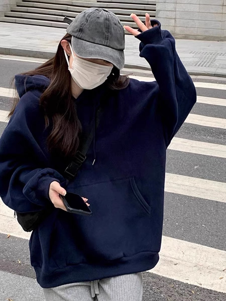 藏青色加絨連帽衛衣女秋冬寬鬆慵懶風休閒韓版學院風加厚純棉上衣