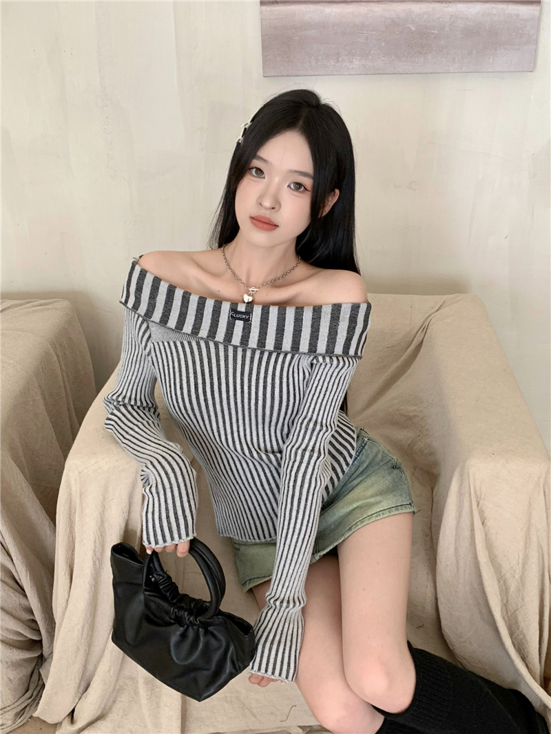 實拍 秋冬新款美式復古辣妹一字肩性感露肩針織衫上衣女