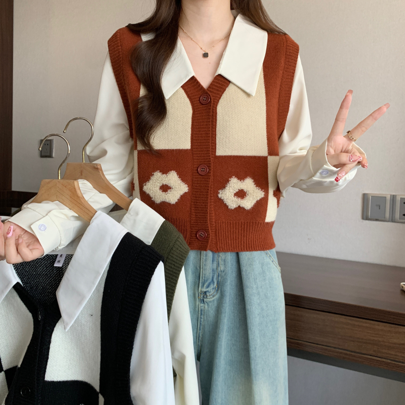 實拍 秋冬新款菱格針織馬甲拼接假兩件襯衫女