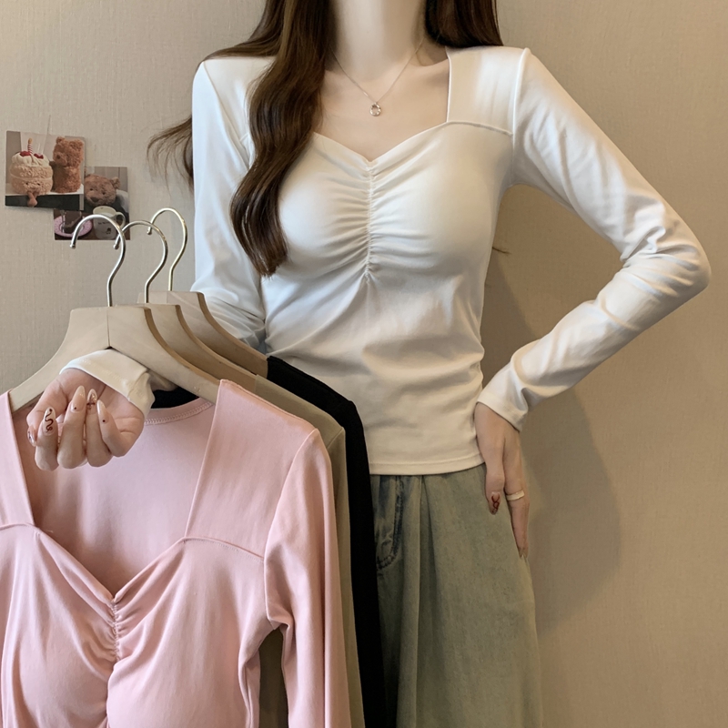 實拍 帶胸墊打底衫長袖t恤女修身顯瘦內搭上衣秋冬季2023新款