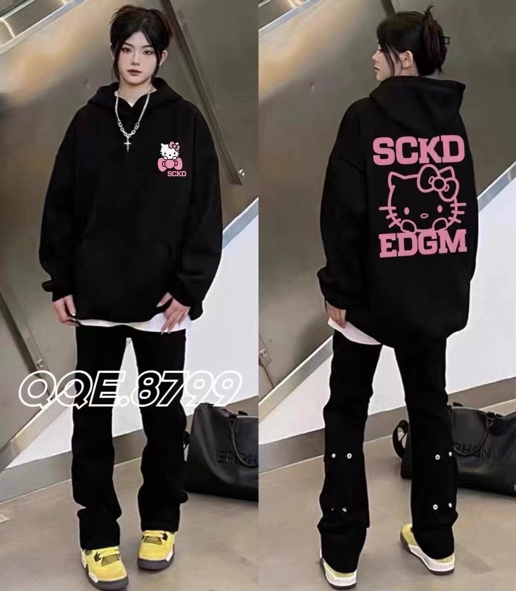 凱蒂貓純棉刺繡加絨連帽衛衣女寬鬆2023秋冬季美式復古大版上衣
