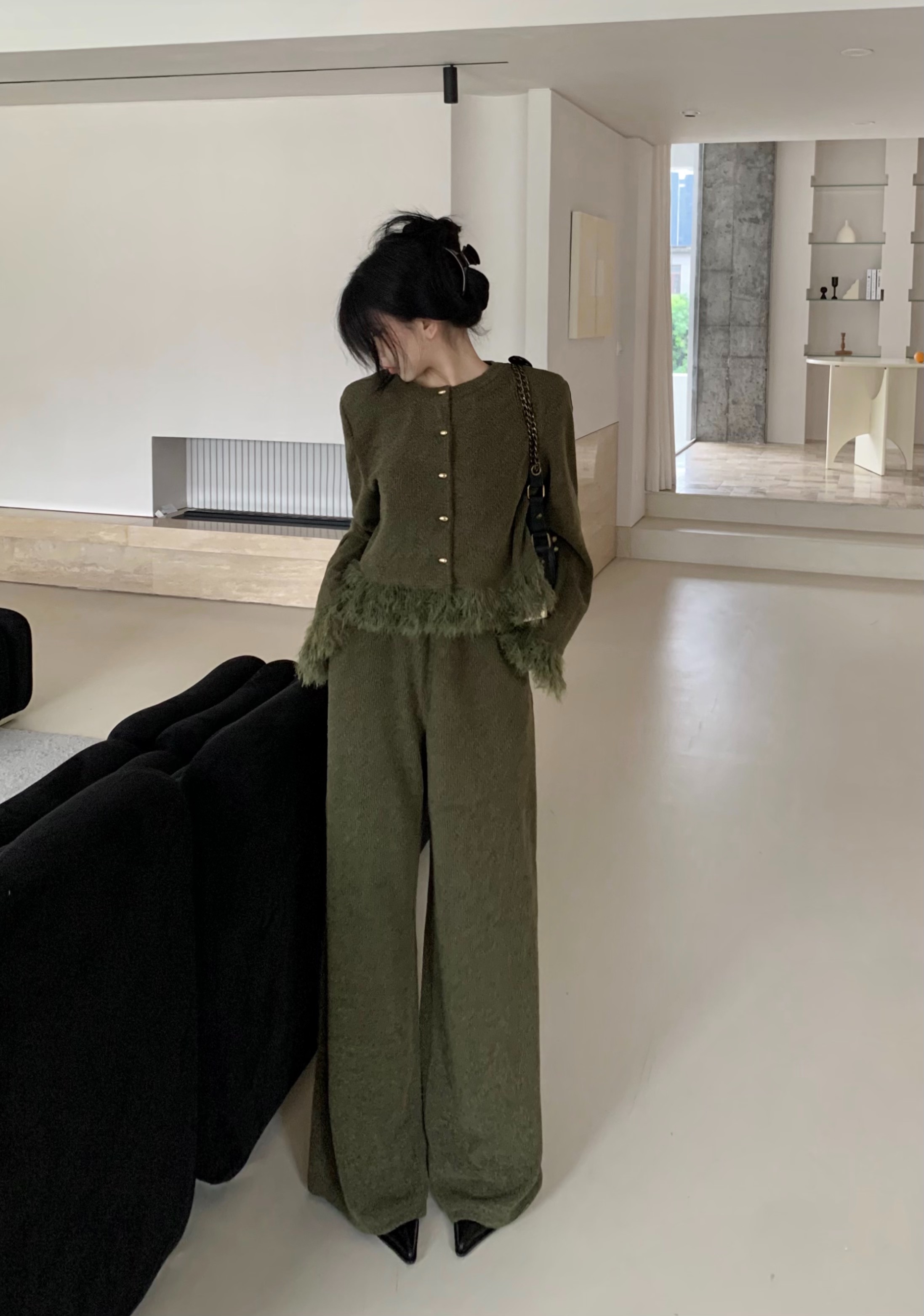 實拍~時尚流蘇套裝女設計感拼接毛毛上衣+美式長褲高級兩件套
