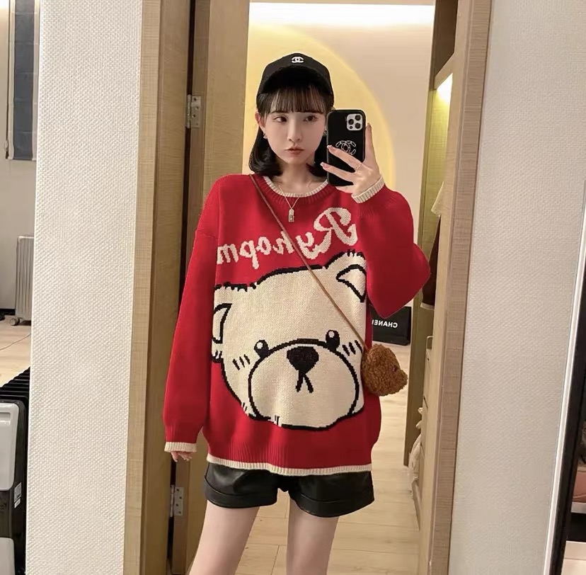 新款秋冬季韓版時尚網紅氣質可愛卡通減齡針織毛衣遮肚顯瘦氣質