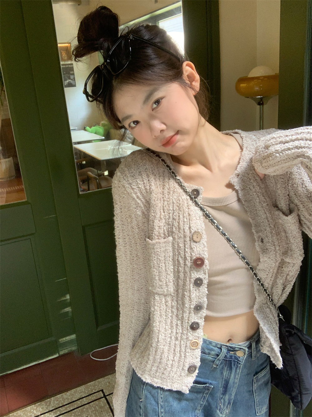 實拍設計感杏色針織開衫慵懶風小眾毛衣+杏色內搭長袖打底
