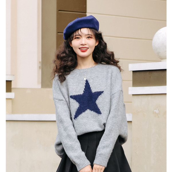 韓系寬鬆慵懶風星星毛衣女2023秋冬新款法式奶呼呼溫柔系軟糯上衣