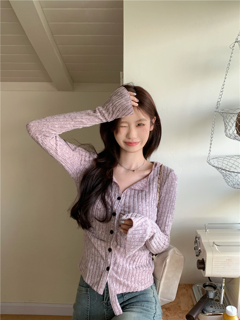 實拍~秋季修身設計感Polo翻領上衣女長袖內搭打底針織開衫