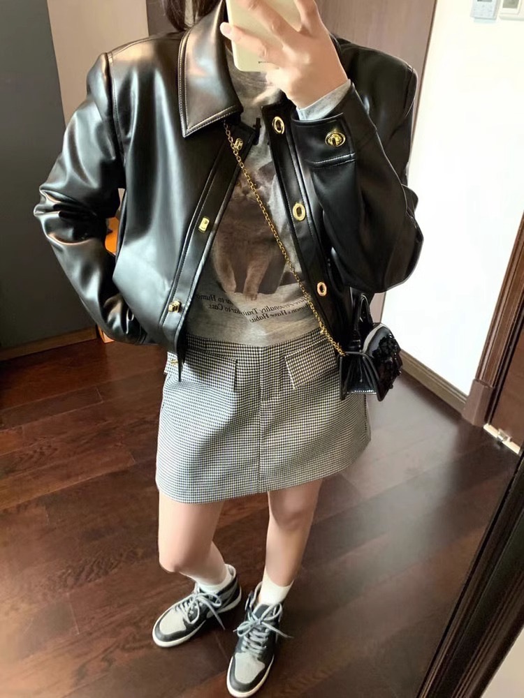 Ganeri Black PU Leather Motorcycle Jacket Short Jacket Women's 2023 Spring and Autumn New Korean Style Casual