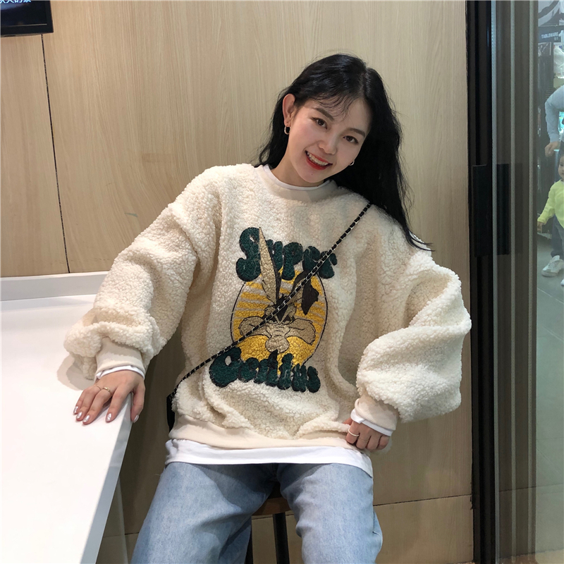 羊羔毛加厚衛衣女2023秋冬新款韓版寬鬆慵懶風百搭設計感外套上衣
