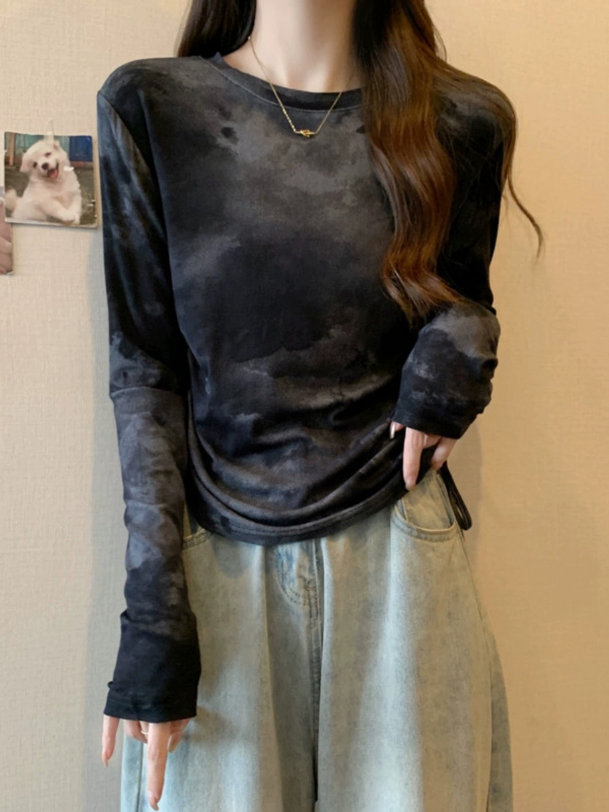 實拍原版質量隨心裁 扎染抽繩長袖女裝T恤胖mm顯瘦遮肚打底上衣