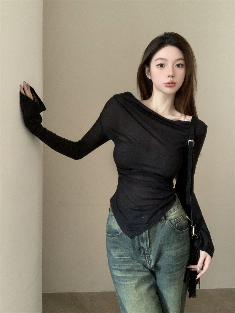實拍 小眾盪領一字肩薄款打底衫T恤女寬鬆修身顯瘦上衣秋季