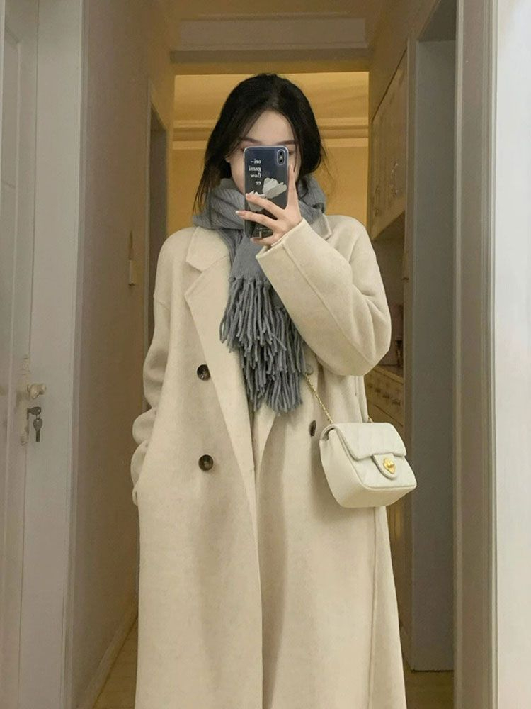 韓系高級感西裝式毛呢大衣女秋冬加厚直筒寬鬆過膝中長款呢子外套