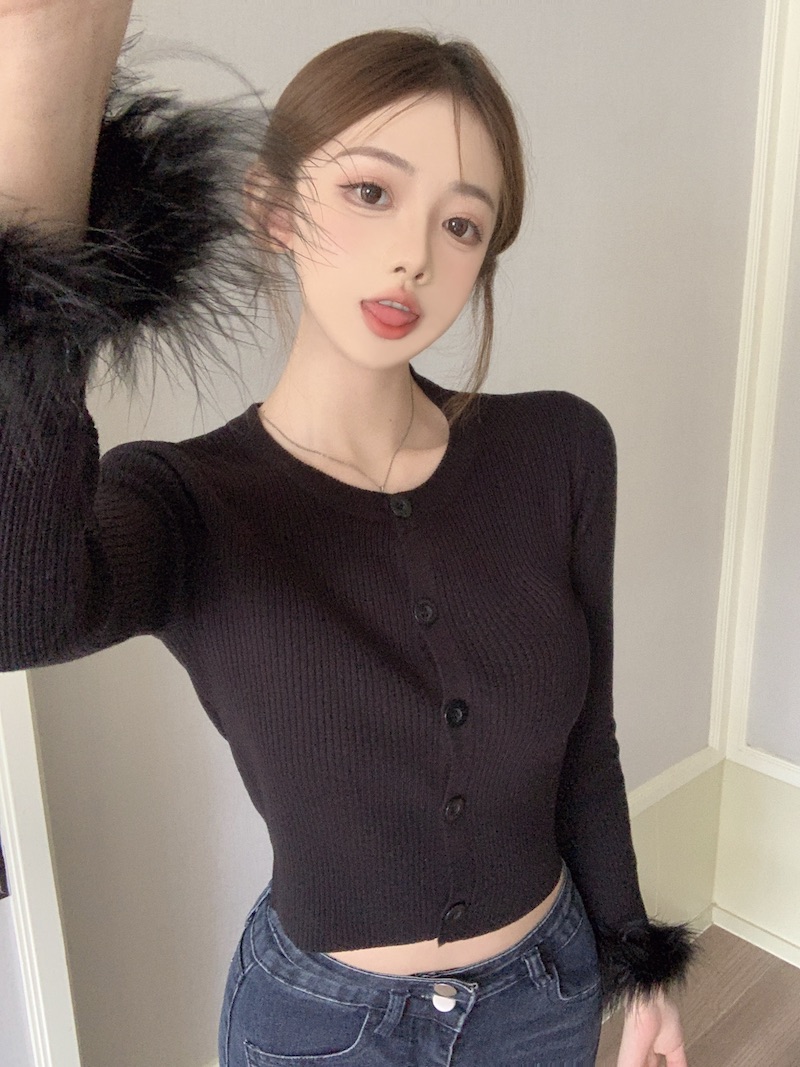 實拍 針織開衫女早秋季設計感小眾小香風拼接毛毛短款百搭上衣