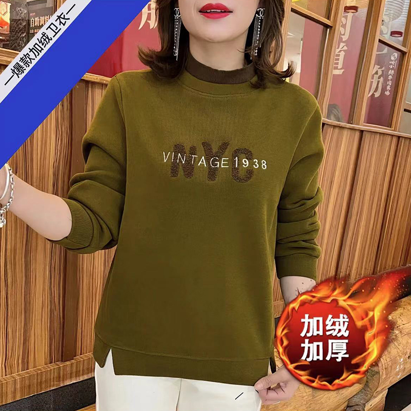 加絨加厚衛衣女冬季新款遮肚顯瘦半高領打底衫百搭一體絨保暖上衣