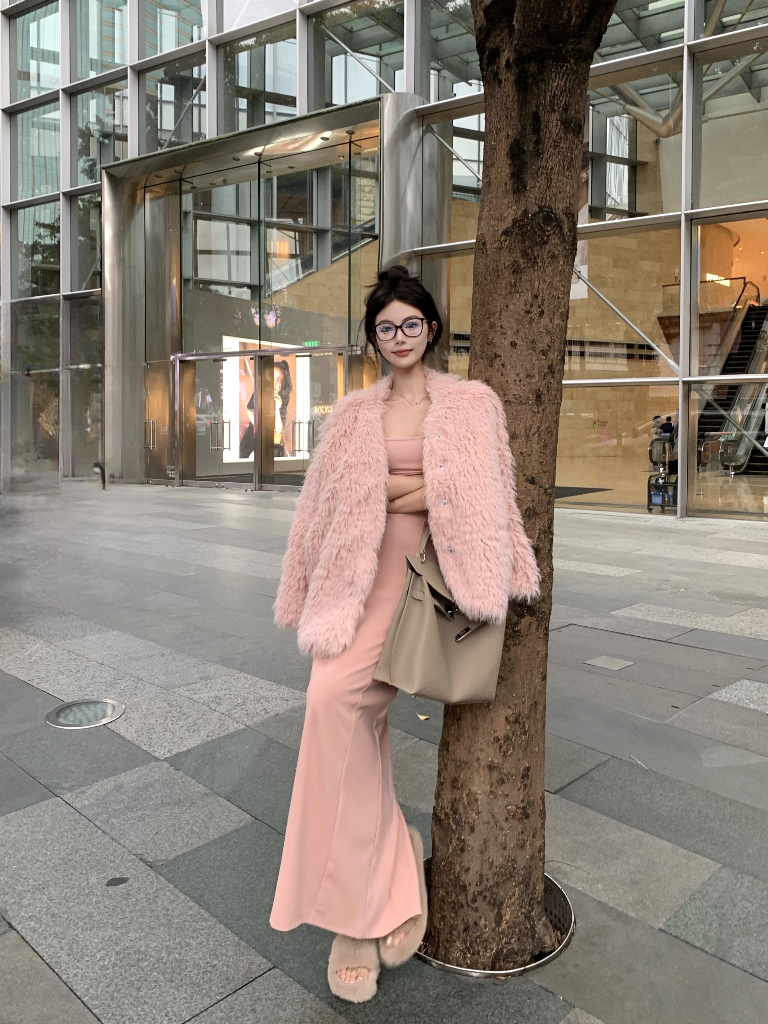 Real shot of retro temperament slim fit inner dress pink eco-friendly fur atmospheric fur coat