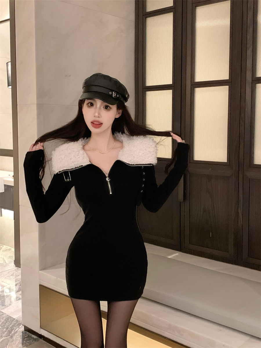 Real shot Lapel fur collar hip-covering zipper dress hot girl Hepburn style autumn and winter all-match skirt for women