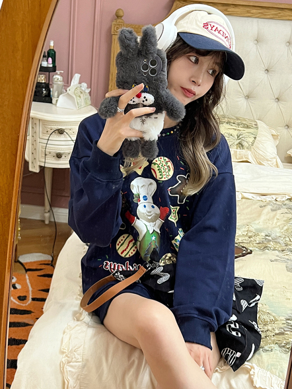 復古可愛藏藍色薑餅人衛衣女秋冬寬鬆休閒圓領上衣
