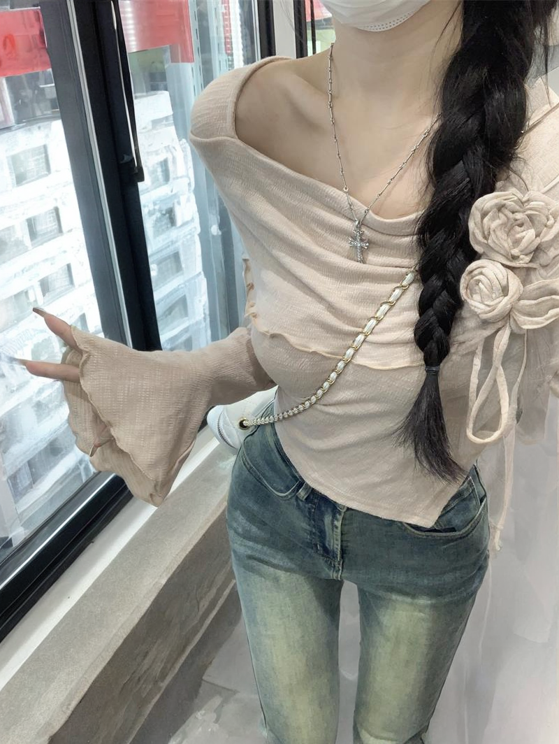 精緻絕美立體花朵抽繩T恤女秋季2023新款純欲修身短款喇叭袖上衣