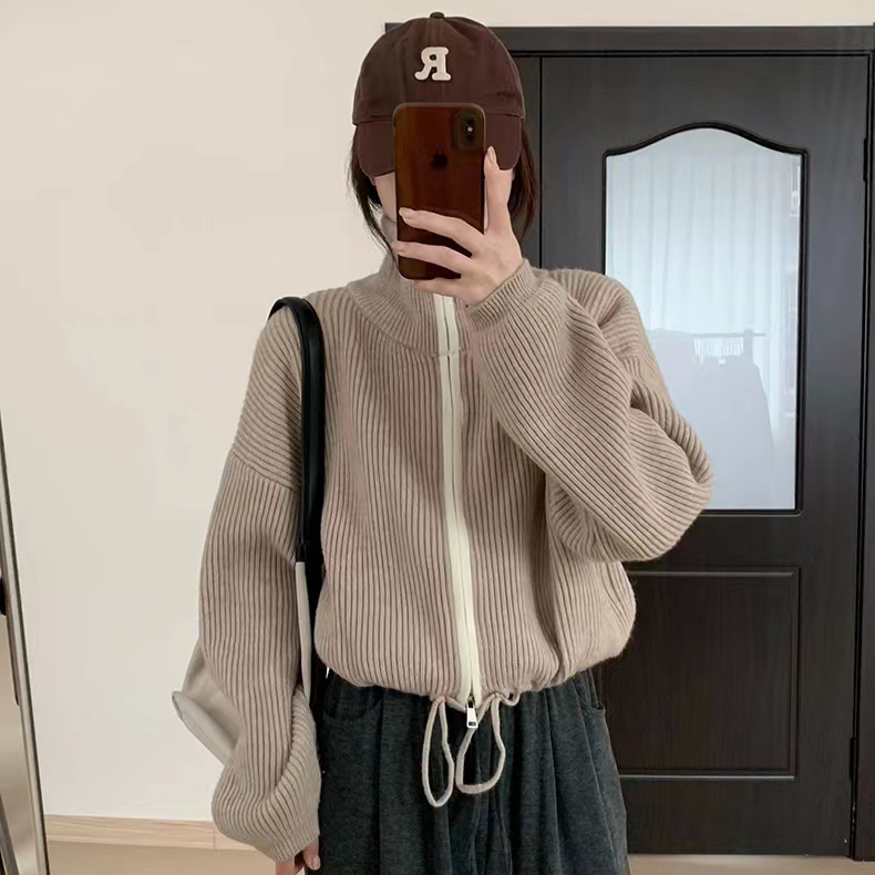 設計感下擺抽繩立領短款毛衣2023秋季新款女裝時尚百搭顯瘦上衣