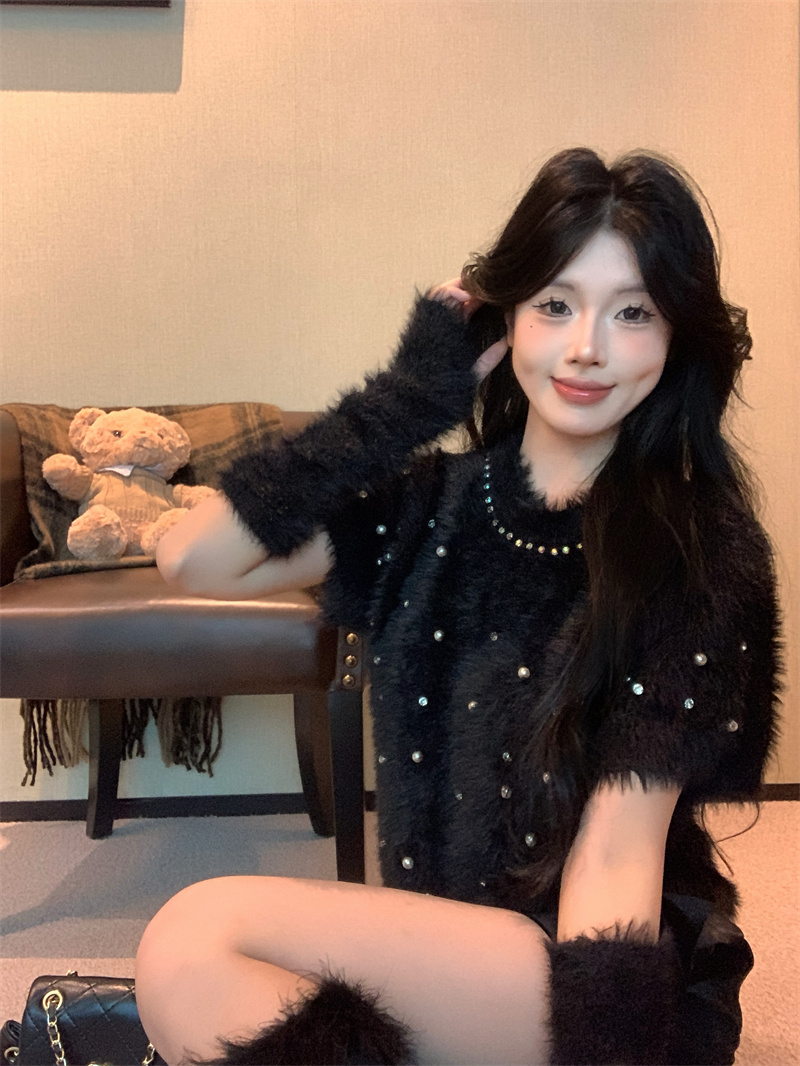 實拍 瑪麗珍少女 毛絨絨軟糯鑲鑽珍珠針織毛衣上衣含袖套