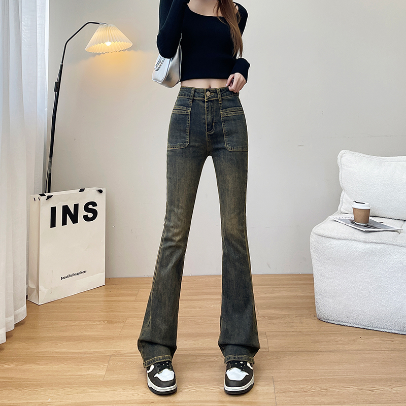 實拍2023秋季時尚新款高腰顯瘦彈力拖地長褲微喇牛仔褲女