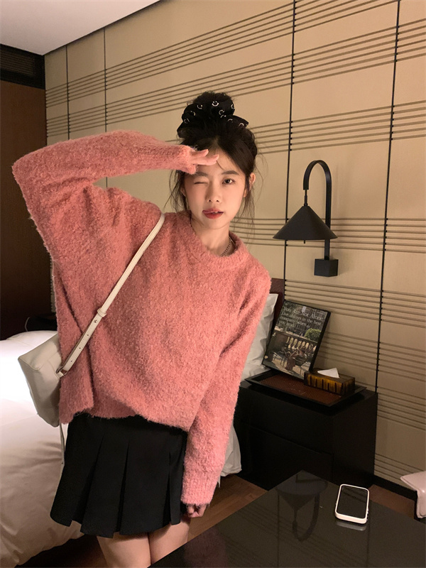 實拍  新款百搭寬鬆軟糯羊毛混紡圈圈紗套頭毛衣