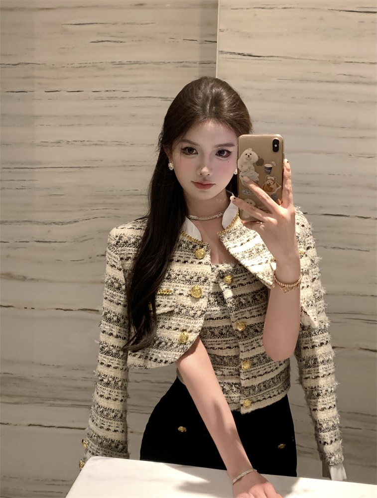實拍 小香風粗花呢金扣立領外套+吊帶 兩件套