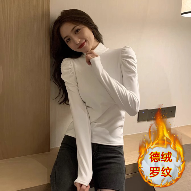 泡泡袖半高領德絨打底衫女秋冬季設計感時尚洋氣內搭顯瘦長袖t恤
