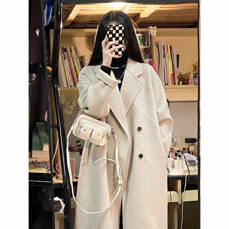 粉色呢子大衣女2023秋冬新款韓系寬鬆中長款赫本風毛呢外套