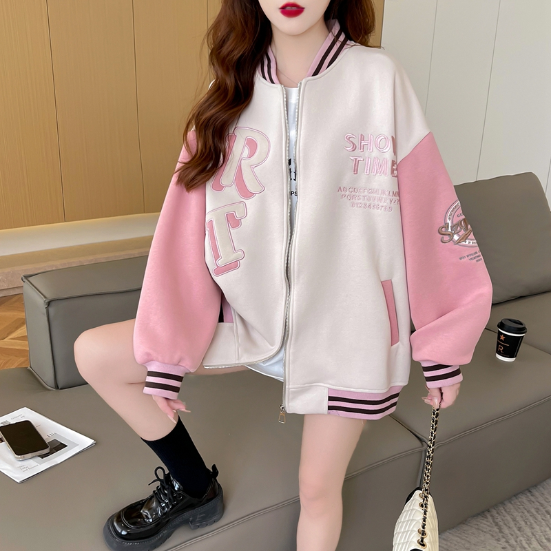實拍 寬鬆連帽棒球服外套女春秋設計感小眾撞色拼接字母刺繡開衫