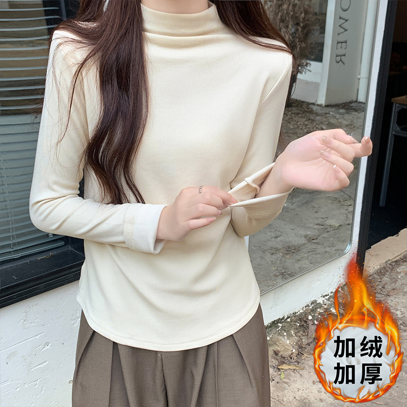 實拍半高領羊絨打底衫女秋冬季加絨保暖長袖t恤修身短款上衣