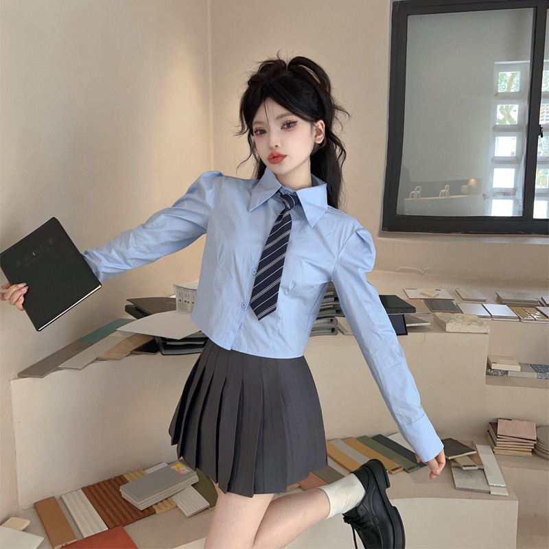 美式復古藍色jk制服短款襯衫辣妹純欲顯瘦百搭襯衣上衣百褶裙套裝