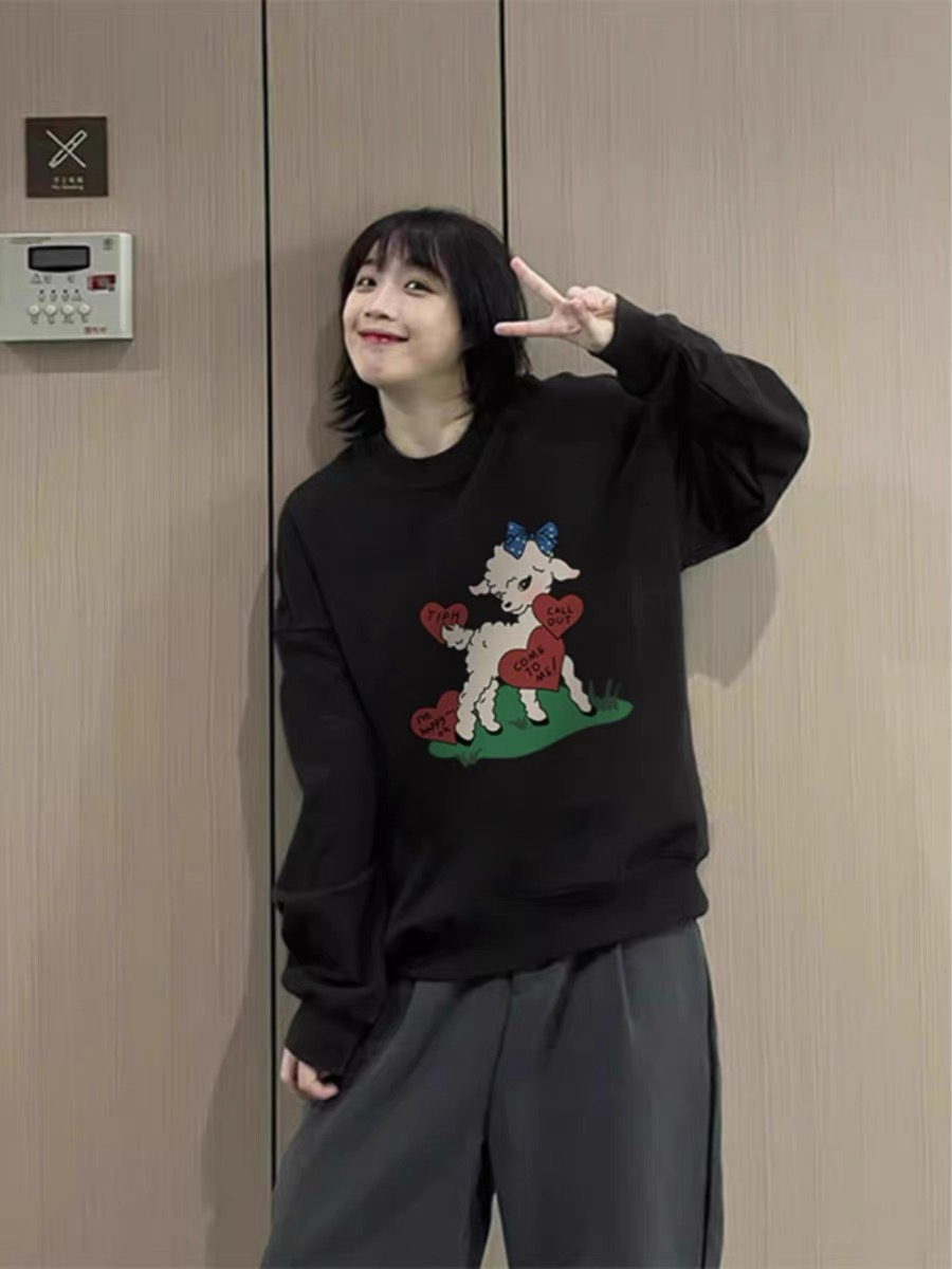 黑色無帽圓領美式衛衣女秋冬季2023新款復古高級感小個子落肩上衣