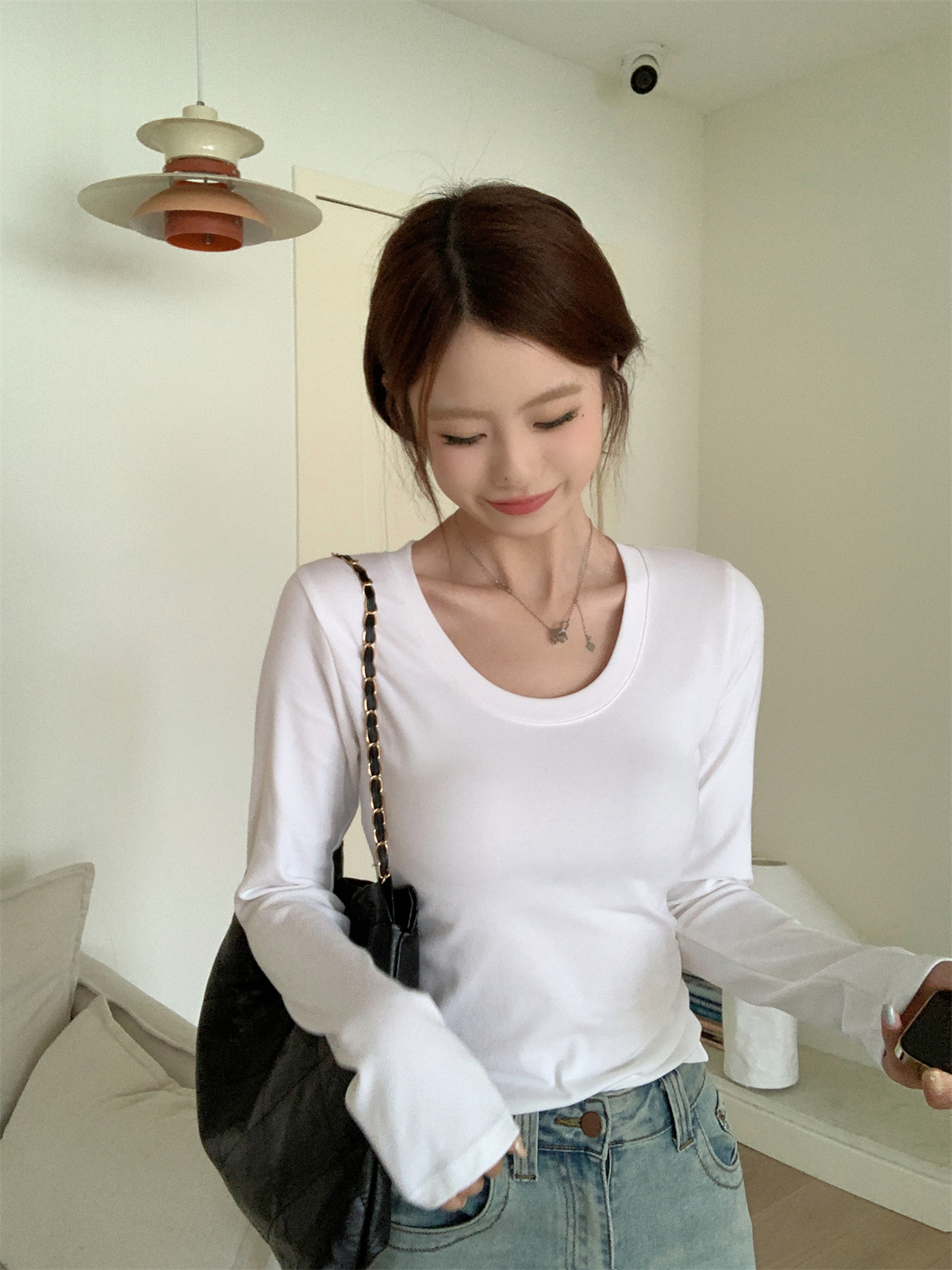 實拍 秋冬韓版修身U領純色百搭顯瘦內搭長袖T恤打底女上衣