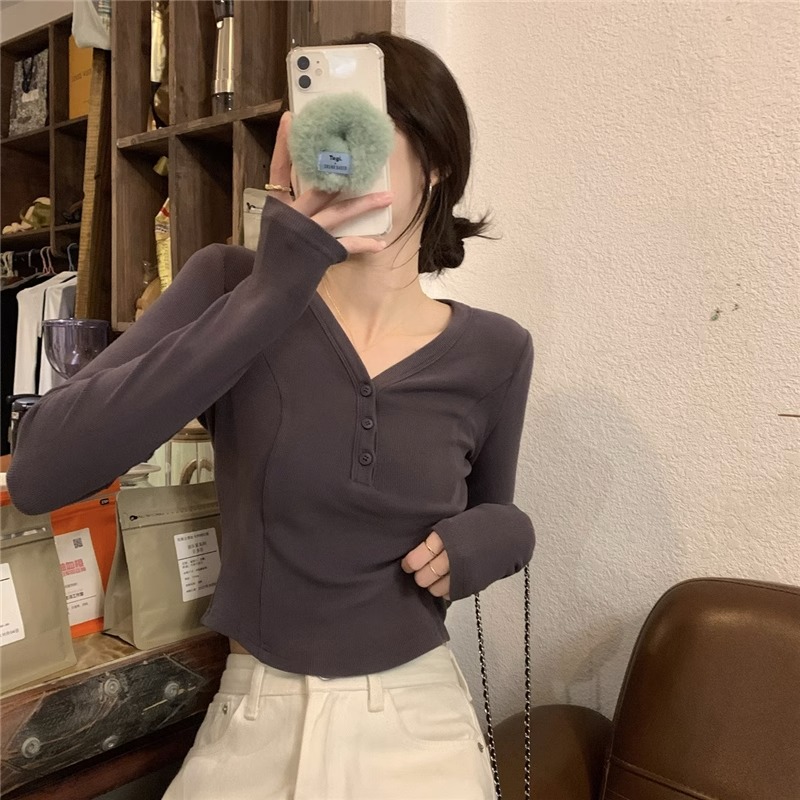 短款上衣女春秋內搭打底衫2023年新款修身設計感小眾正肩長袖t恤