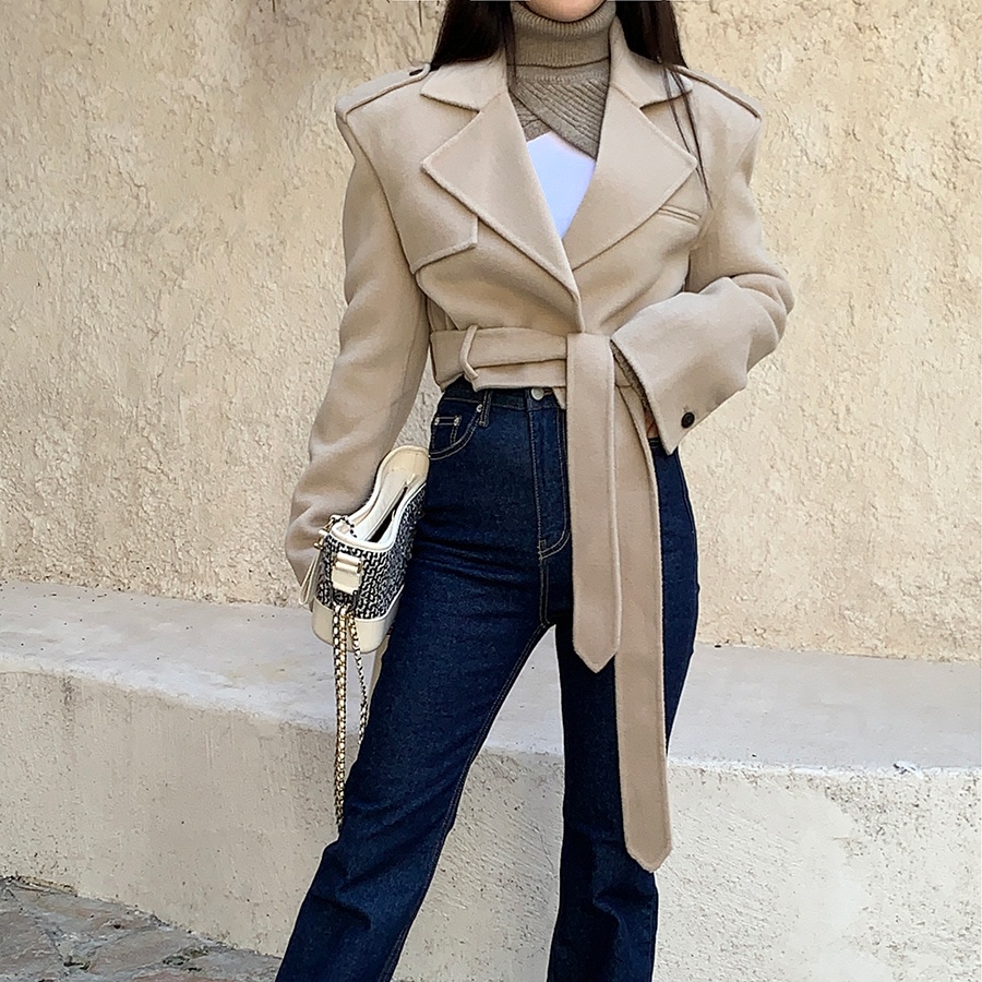 South Korea's Dongdaemun retro lapel casual high-end slim belt strap short jacket woolen coat