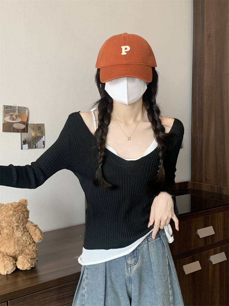 實拍 新款假兩件U領針織衫女設計感打底衫外穿掛脖長袖上衣