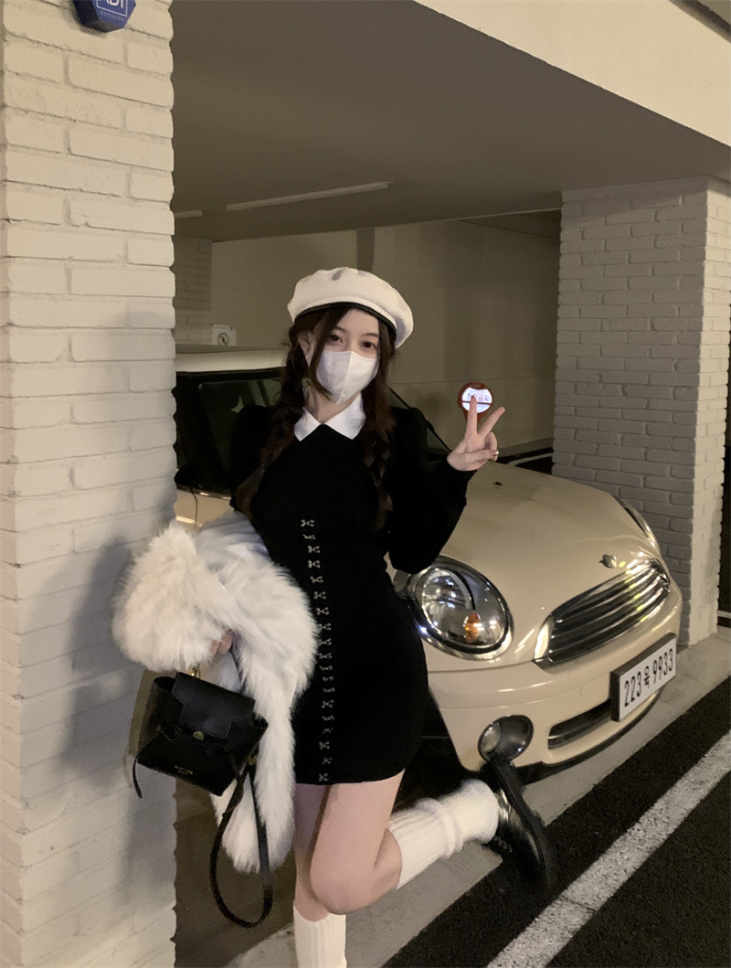 實拍~辣妹風泡泡袖黑白撞色鈎扣設計修身連衣裙