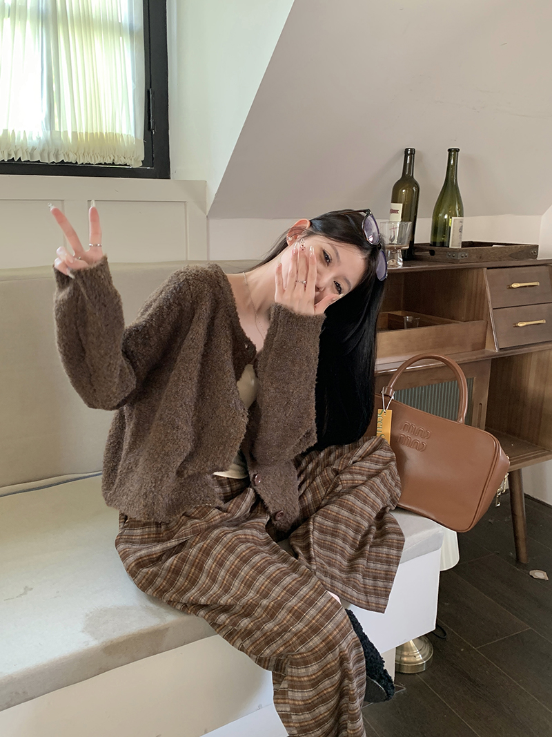 實拍 美拉德毛絨外套毛衣開衫+慵懶百搭格子褲