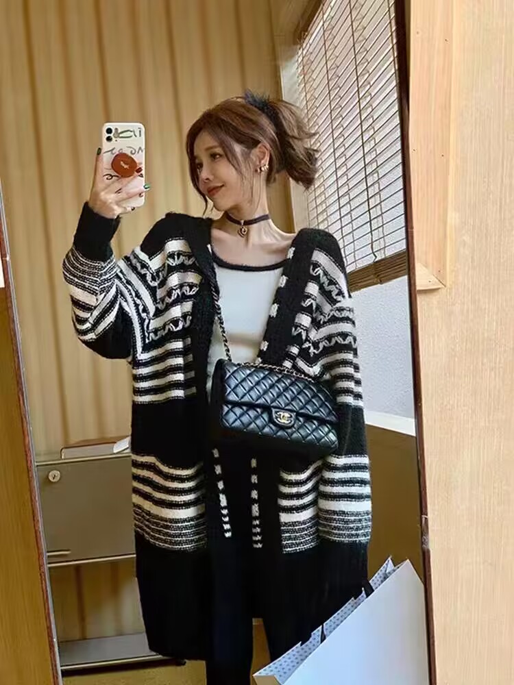 秋冬季新款韓版慵懶風高級感中長款設計條紋撞色開衫女米蘭絨外套