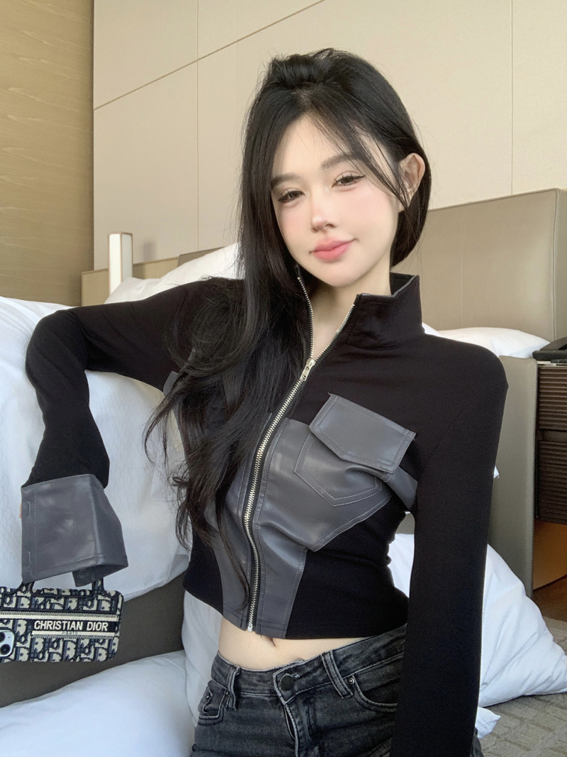 Real shot of designer spliced ​​PU leather short coat for women in autumn and winter lapel double zipper long-sleeved cardigan coat