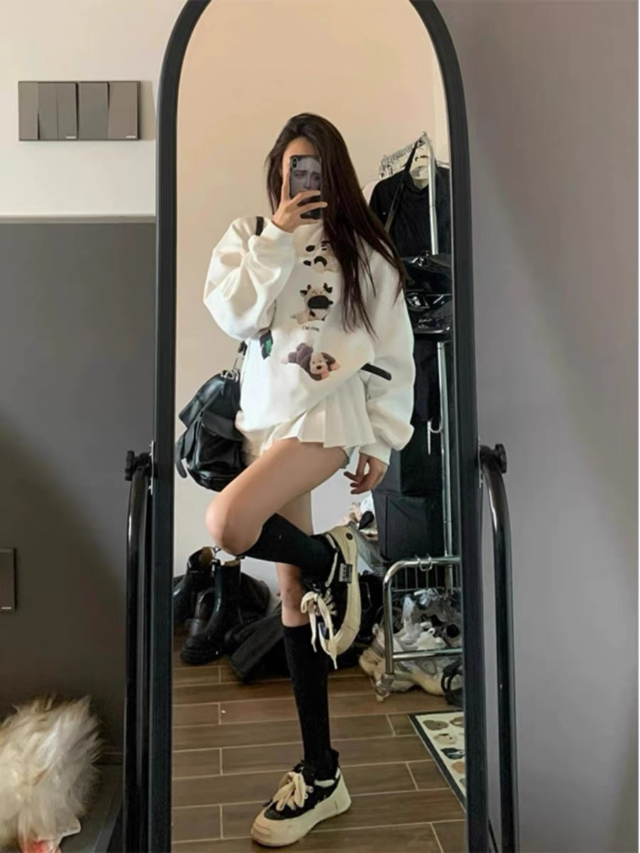 美式可愛LOGO毛絨狗動物印花衛衣女秋冬新款甜美套頭圓領上衣潮牌