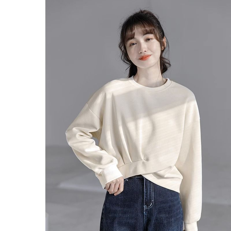 280克加厚珠地 春秋2023不規則美式圓領秋季短款衛衣女款純色