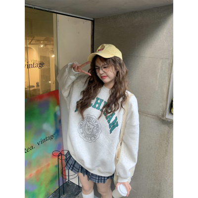 原宿BF加絨加厚套頭圓領衛衣女學生鹽系寬鬆上衣秋冬季外套慵懶風